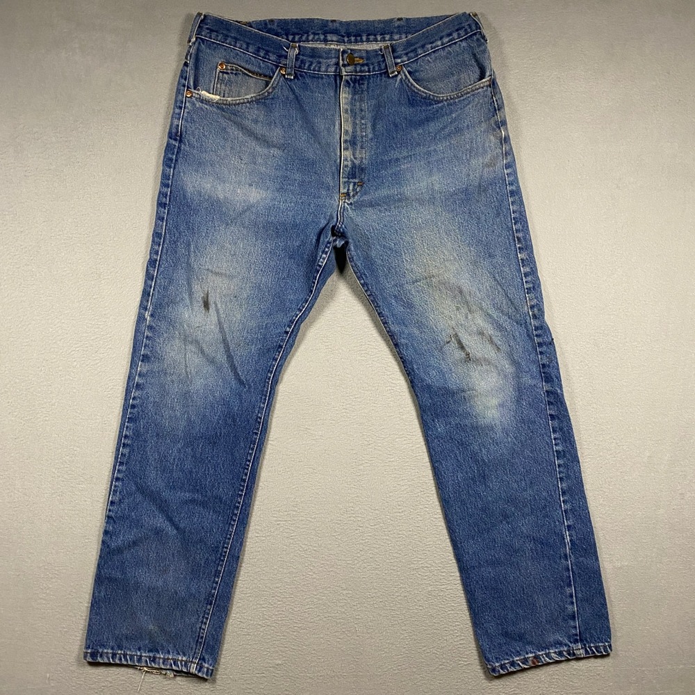 Vintage Lee Jeans Mens 38x32 Blue USA Made Distressed Straight Leg 200-0189